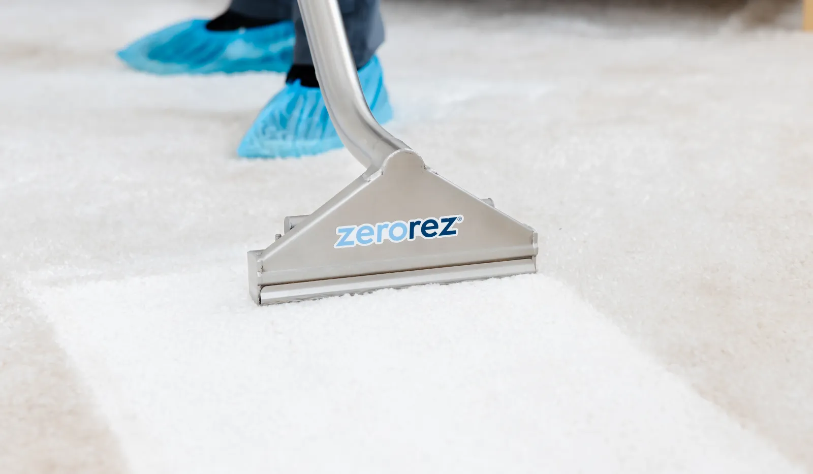 Professional carpet cleaning with Zerorez machine showing a clean white carpet path.